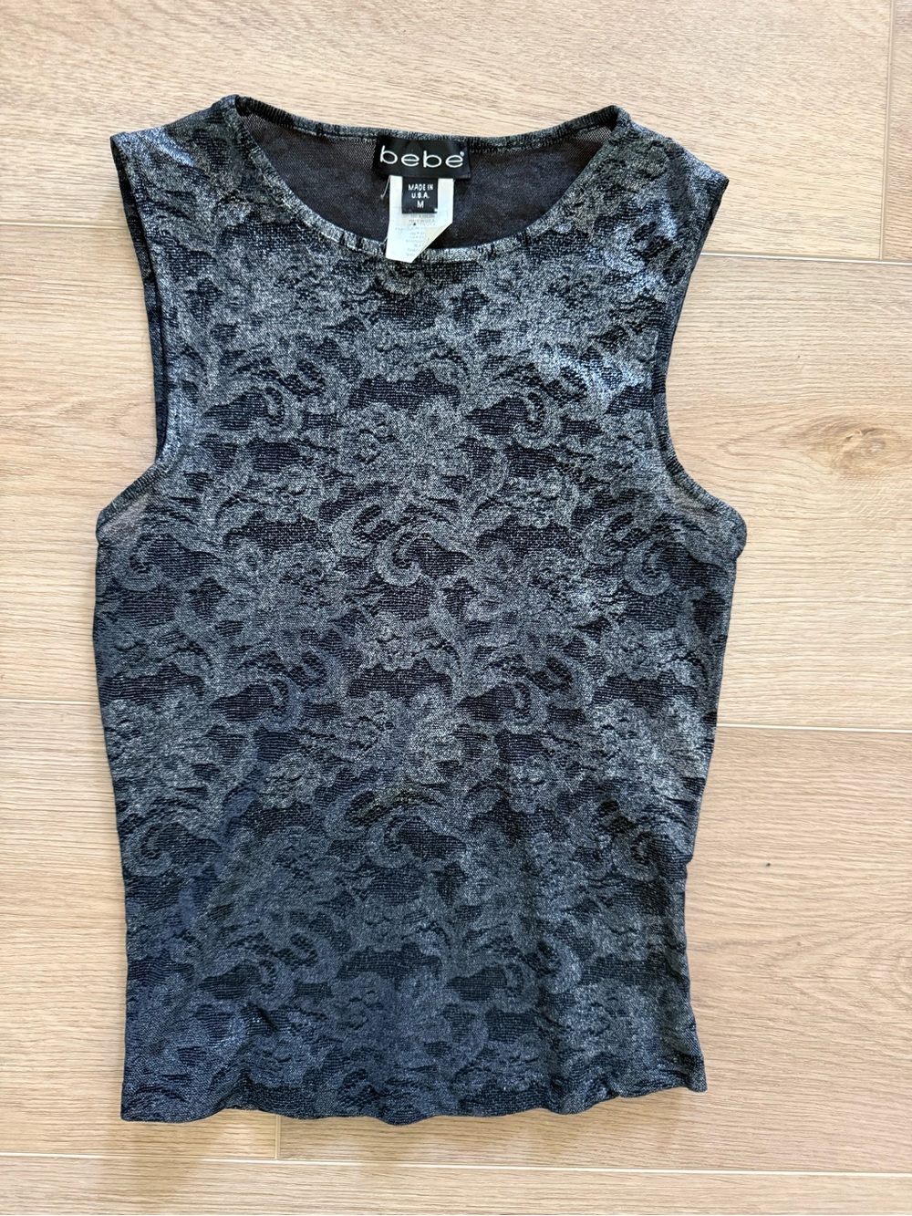Bebe Vintage Made in USA Sheer Baroque Floral Sleeveless Top Black M